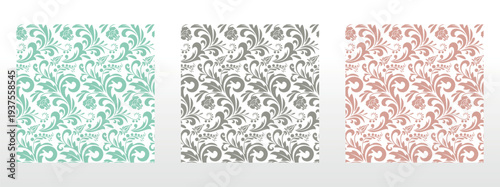 Wallpapers in the style of Baroque.. Set of colored floral ornaments. Seamless vector backgrounds Graphic patterns for fabric, wallpaper, packaging. Ornate Damask flower illustration