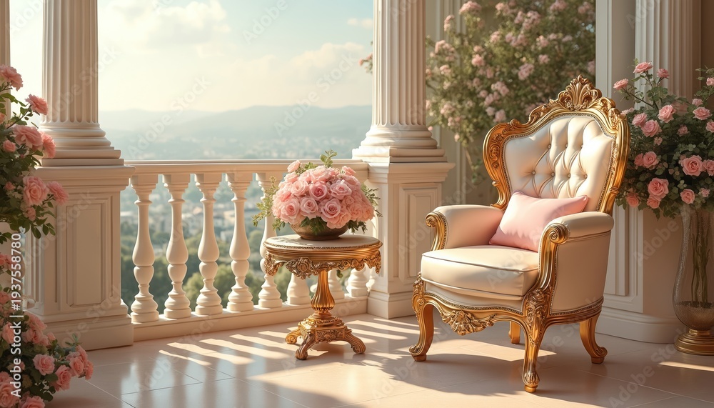 Obraz premium Ornate gold and cream armchair with pink cushion sits on sunlit balcony. Table with pink rose bouquet, ornate legs. Balustrade overlooks scenic green landscape, city view.