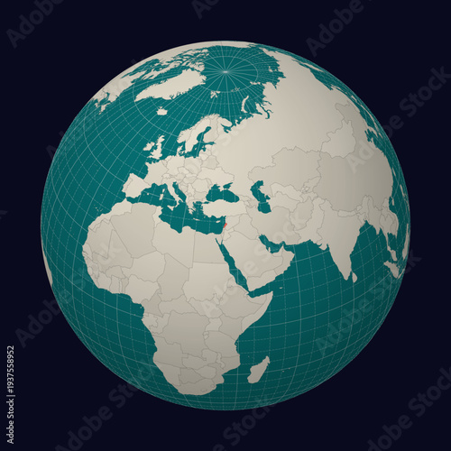 Lebanese Republic on the map. Globe centered to Lebanon. Country location on the world map. Teal Pale Mint color palette. Globe with countries, meridians and parallels. Elegant vector illustration.