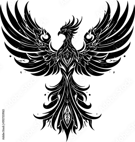 Black Phoenix Tattoo Design Illustration.