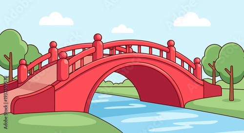 Red Arch Bridge Over Blue River in Park