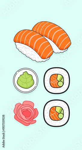Sushi Salmon Nigiri Maki Wasabi Ginger Set