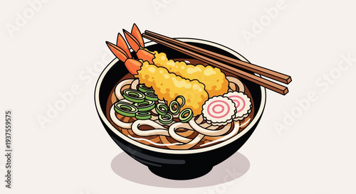 Udon Noodles with Shrimp Tempura and Narutomaki