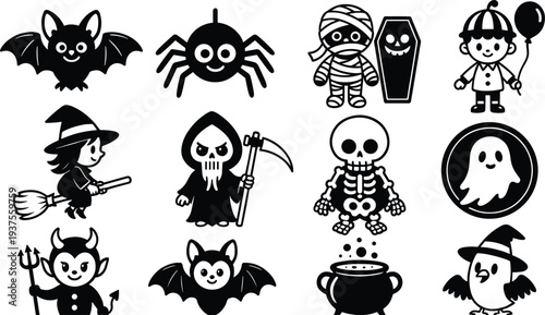 Cute Halloween character icon set with bat, spider, mummy, skeleton, witch, ghost and devil, black and white cartoon vector collection isolated on white background