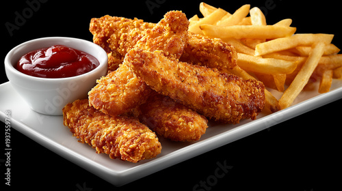黒い背景に白皿が鮮やかなケチャップを添えた衣がカリカリのクリスピーチキンとフライドポテト