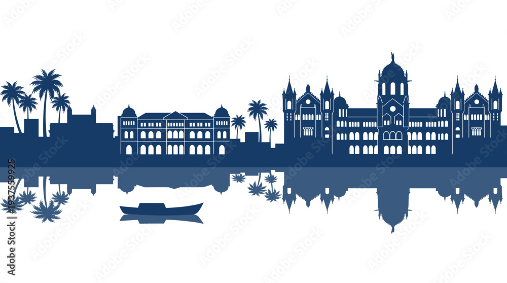 Obraz premium Blue Uttarakhand Skyline Vector Silhouette with Palm Trees and Boat Reflection, Historic Heritage Architecture Cityscape Design.