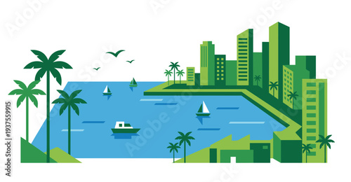 Green eco city skyline vector illustration with sea, sailboats, palm trees, urban coastal landscape architecture design, scenic uttarakhand travel background for summer vacation.