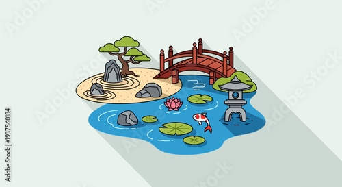 Japanese Garden Zen Pond Bridge Koi Fish Lantern