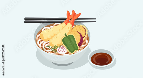 Udon Noodles with Shrimp Tempura and Vegetables