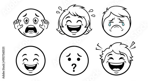 Set of Six Diverse Cartoon Facial Expressions Showing Worried, Laughing, Crying, Happy, Confused, and Ecstatic Moods, on Isolated White Background.