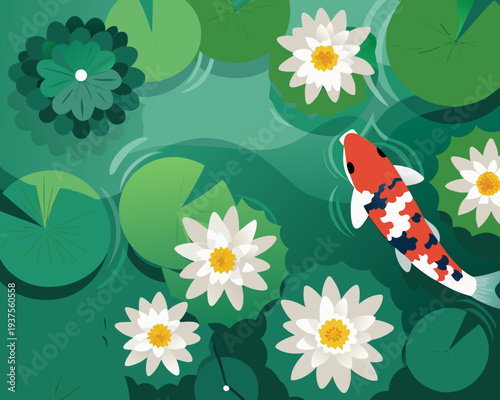 A vibrant illustration of a koi fish swimming amongst water lilies