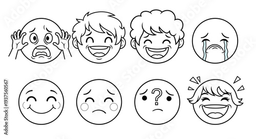 Set of Six Diverse Cartoon Facial Expressions Showing Worried, Laughing, Crying, Happy, Confused, and Ecstatic Moods, on Isolated White Background.