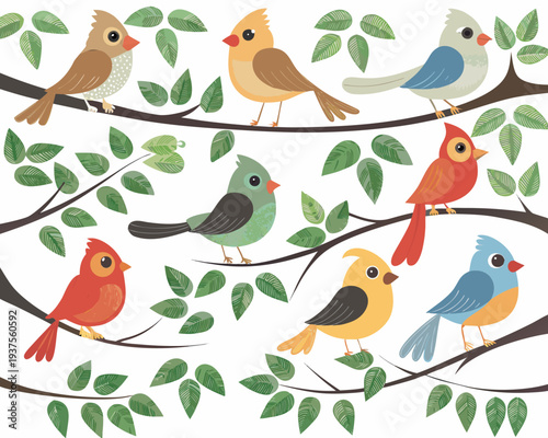 Colorful songbirds perch on branches amidst lush green foliage