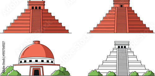 Set of ancient Mexican Mayan pyramids and Chichen Itza landmark vector illustration for travel history and archaeological heritage concept
