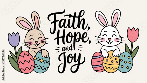 Easter bunnies with colorful eggs and flowers conveying faith hope and joy on a white background