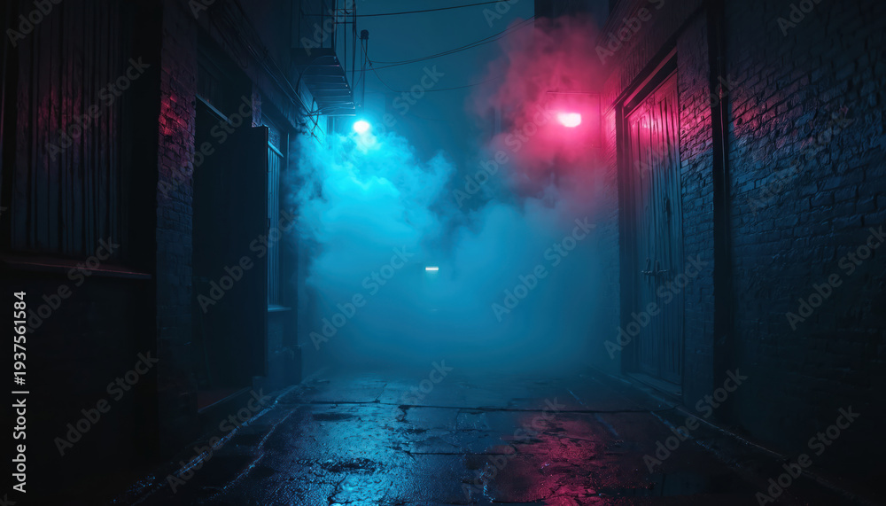 Fototapeta premium Dark city alleyway at night filled with blue, red neon lights, thick smoke. Wet cobblestone ground reflects atmospheric glow of mysterious urban passage. Moody, moody, urban, gritty, dark, mysterious.