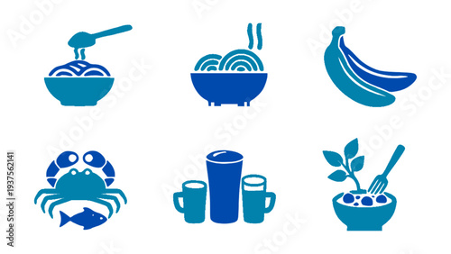 Food icons featuring noodles, ramen bowl, crab, banana, drinks, and healthy meals.
