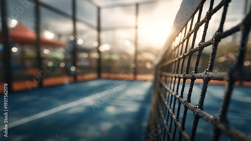 Detailed view of a padel court net on a blue indoor court with glass walls and blurred background