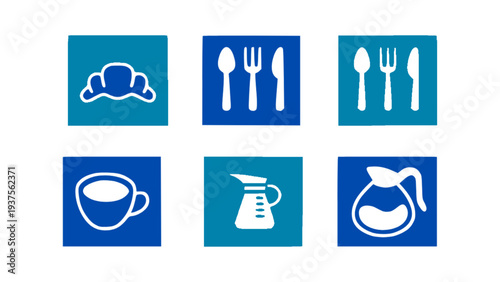 Restaurant menu icons including coffee cup, cutlery symbols, food tray, and dining signs.