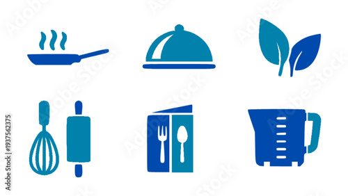 Cooking icons including pan, cloche tray, whisk, rolling pin, and measuring cup.