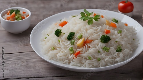 Appetizing healthy rice with vegetables in white plate on a wooden table