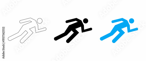 Running athlete icon set in outline, solid and color styles. Sprint runner symbol for sports apps, marathon events, fitness logos, signage, athletic pictogram and UI design.
