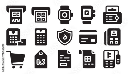 Group of 15 vector icons for ATM, smartwatch, credit card, shopping, and financial technology