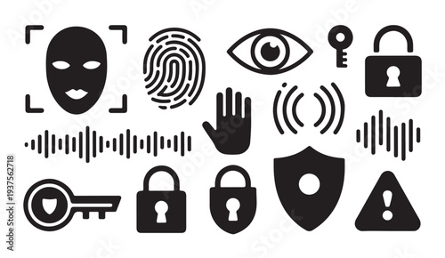 Icons representing security and identification face scan fingerprint eye hand lock key shield