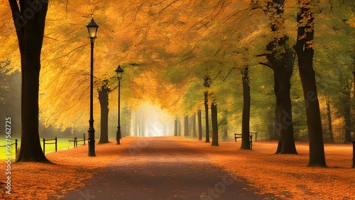 Autumn morning in the park road covered in leaves