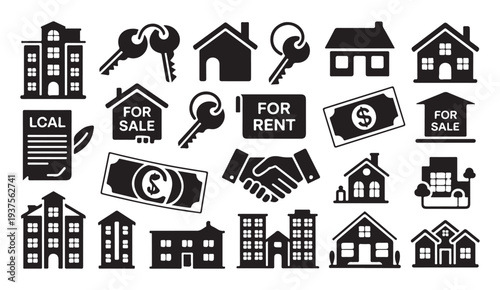 Real estate icons houses buildings keys for sale for rent money document handshake