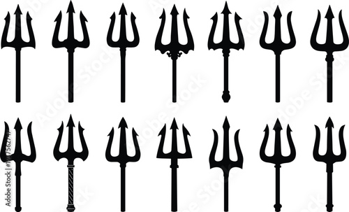 Devil trident silhouettes collection isolated on white background black pitchfork weapon icons set for Halloween fantasy mythology and gothic design