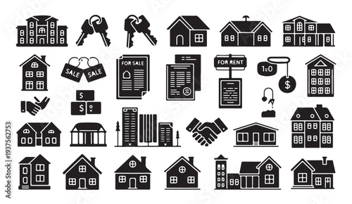 Real estate icons houses buildings keys for sale for rent money document handshake contract
