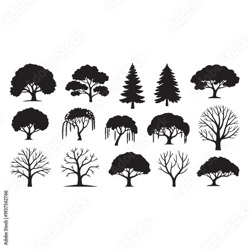 set of silhouettes of trees
