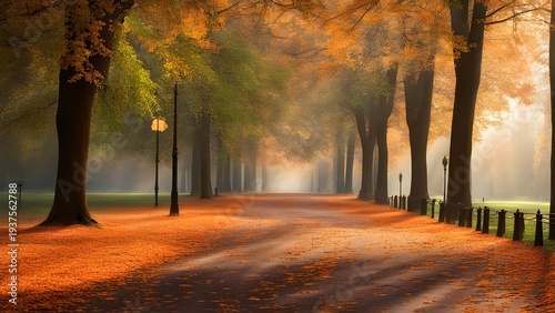 Autumn morning in the park road covered in leaves