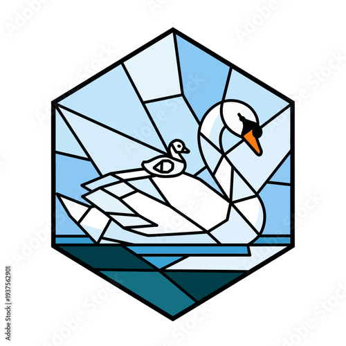 A graceful swan carrying its cygnet on tranquil waters, depicted in a modern stained glass style within a hexagonal geometric frame, representing family, peace, and natural beauty