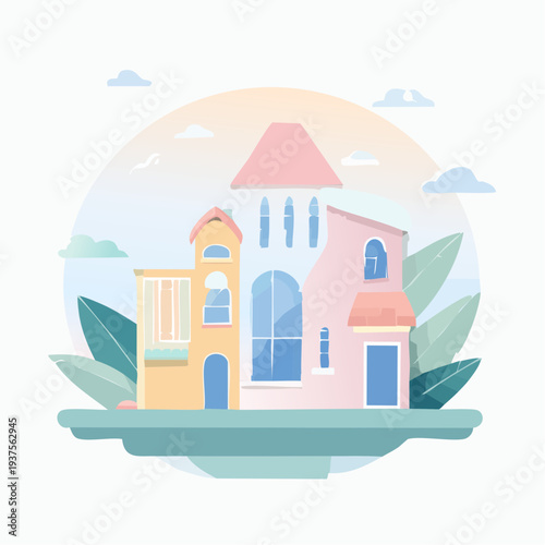 Illustration of a colorful house with multiple windows and doors surrounded by leaves