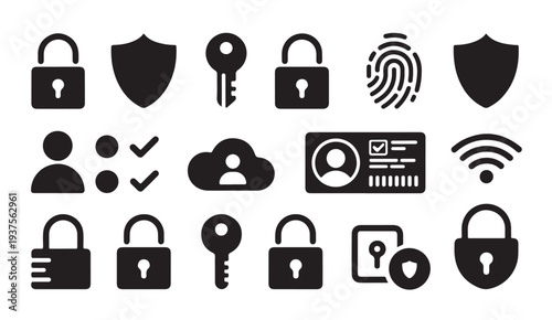 Security protection line vector icons set on white background. technology and internet security