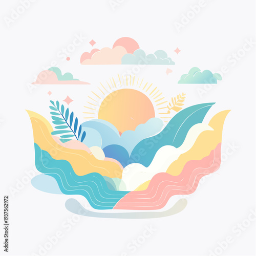 Serene landscape illustration featuring sun, mountains, leaves, waves, and clouds in a peaceful environment from a distant viewpoint
