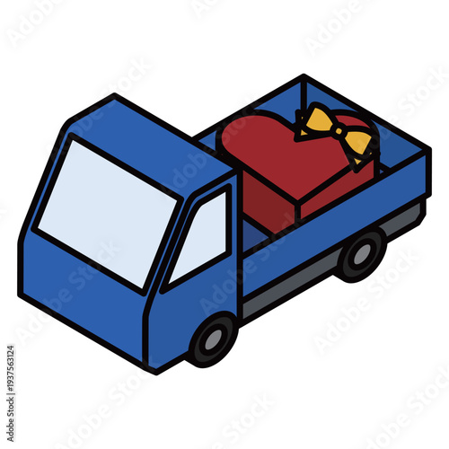 ハートのギフトボックスを運ぶ配送トラック