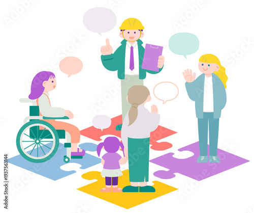 パズルの上で話し合う人々・コミュニティと連携のイメージ