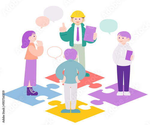 パズルの上で話し合う人々・コミュニティと連携のイメージ