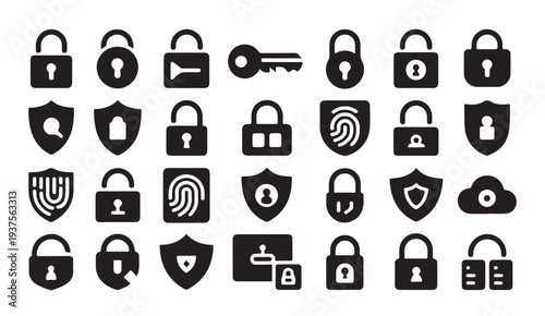 Data protection icon collection with various padlock styles fingerprint and shield silhouettes