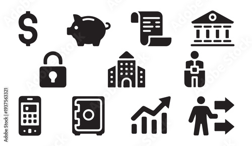 Banking and investment icon set with piggy bank vault graph and real estate building symbols