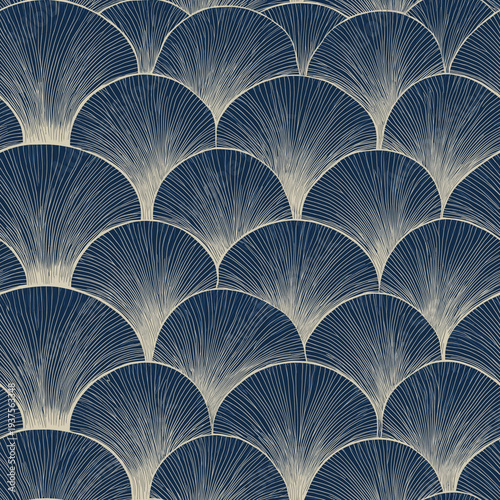 Art Deco seamless pattern featuring navy fan-shaped motifs with fine ivory linework arranged in overlapping scalloped rows. Elegant geometric repeat with a refined vintage luxury aesthetic.