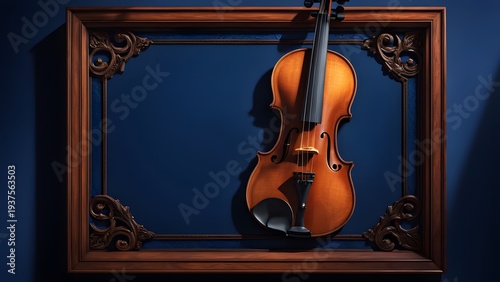 Violin positioned center frame against a minimalist cobalt blue background meticulously detailed wood

