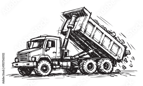 Black and White Dump Truck Vector Sketch with Expressive Hand Drawn Industrial Linework