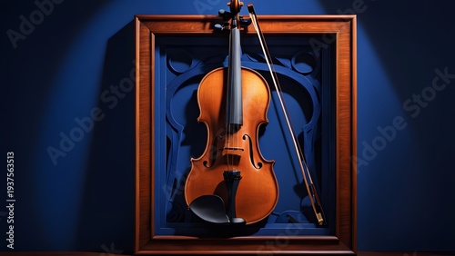 Violin positioned center frame against a minimalist cobalt blue background meticulously detailed wood

