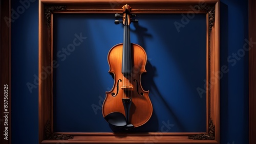 Violin positioned center frame against a minimalist cobalt blue background meticulously detailed wood

