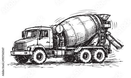 Black and White Cement Mixer Truck Vector Sketch with Expressive Hand Drawn Industrial Linework