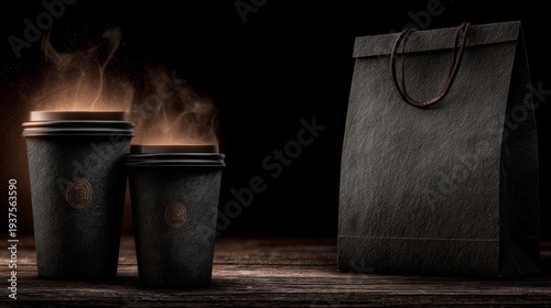 Two steaming takeaway coffee cups beside a textured black paper bag sit on rustic wood, conveying warmth, sophistication, and premium branding for cafe or delivery concepts.